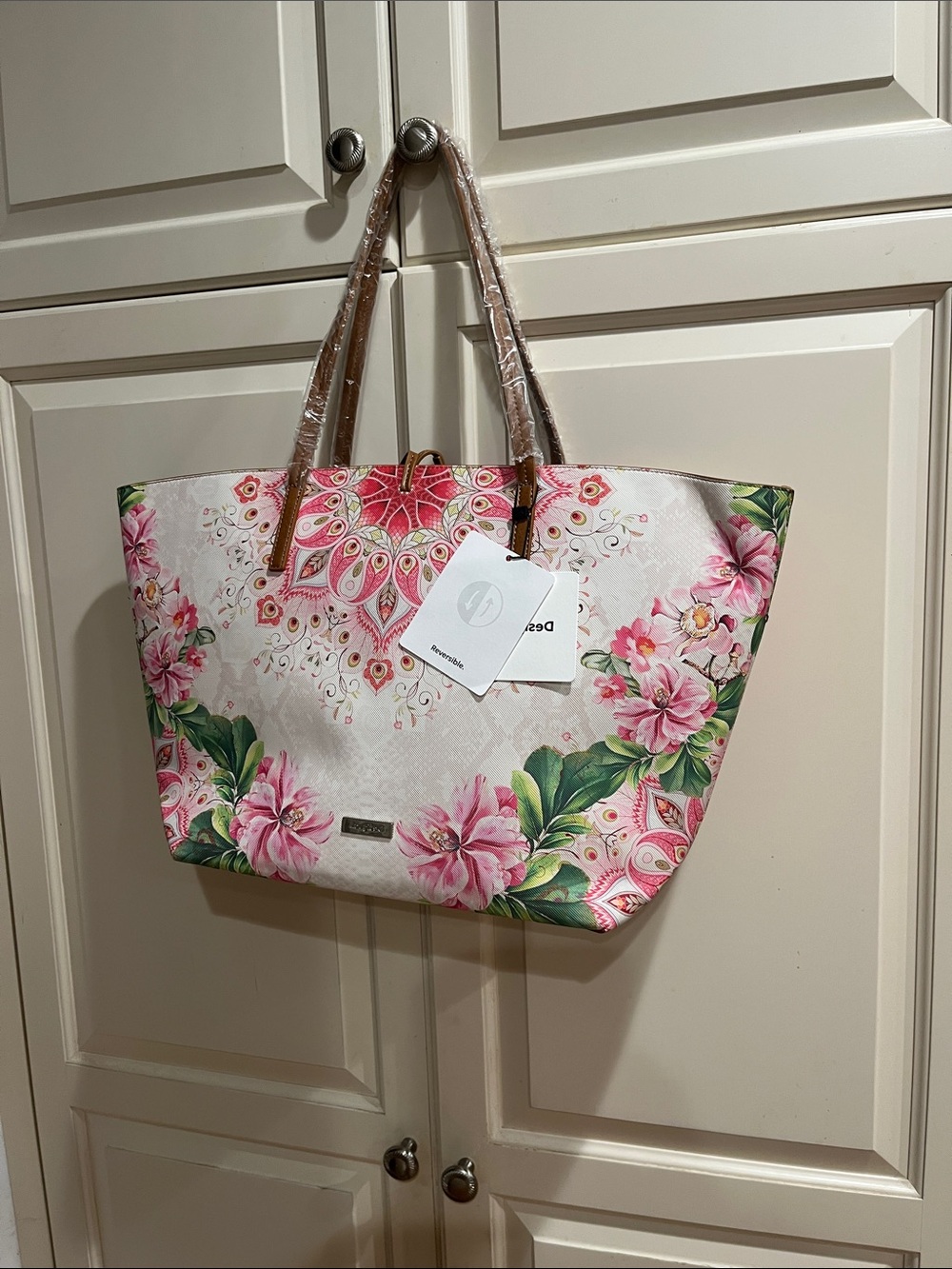 Desigual reversible Floral Pink Tote with Green Leaf Accents